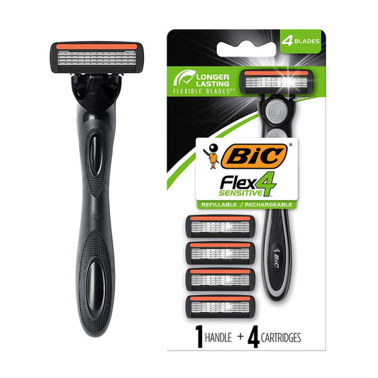 BIC Flex 4 Refillable Razors for Men, Long-Lasting 4 Blade Razors for Sensitive Skin, 1 Handle and 4 Cartridges, 5 Piece Shaving Kit