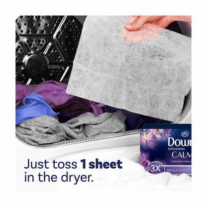 Downy Infusions Mega Dryer Sheets, Laundry Fabric Softener, CALM, Lavender and Vanilla Bean, 50 Count