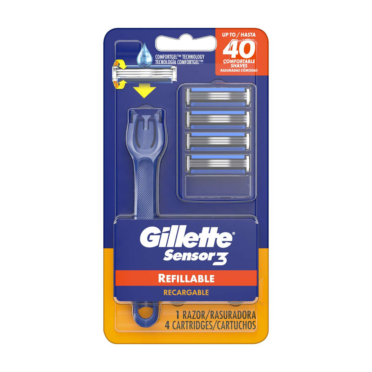 Gillette Sensor3 Refillable Razor for Men, Includes 1 Shaving Razor Handle and 4 Razor Blade Refills