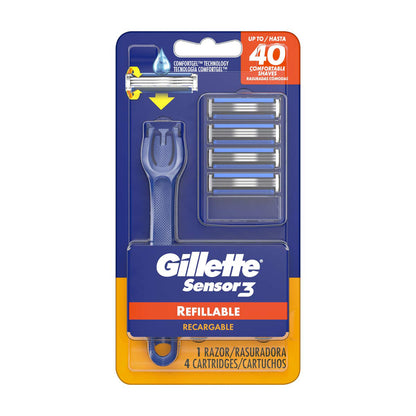 Gillette Sensor3 Refillable Razor for Men, Includes 1 Shaving Razor Handle and 4 Razor Blade Refills