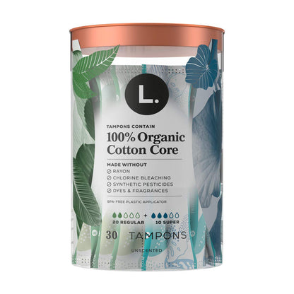 L. Cotton Tampons Regular/Super Absorbency Multipack, Free from Chlorine Bleaching, Pesticides, Fragrances, or Dyes, 30 Count