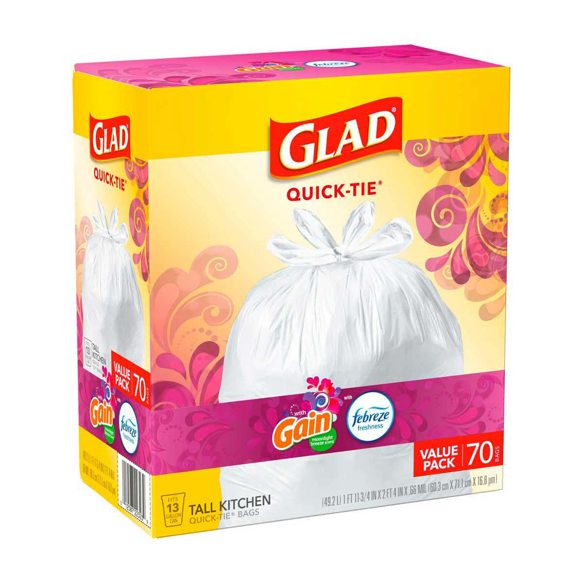 Glad 13 Gallon Tall Kitchen Quick-Tie Trash Bags - Gain Moonlight Breeze with Febreze, 70 ct