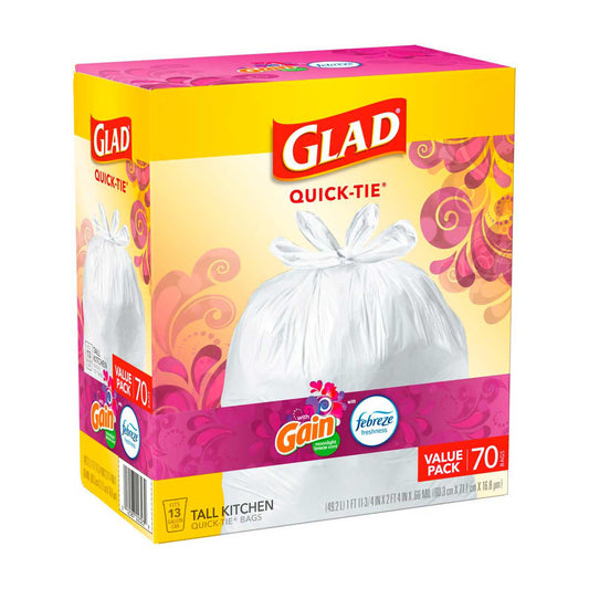 Glad 13 Gallon Tall Kitchen Quick-Tie Trash Bags - Gain Moonlight Breeze with Febreze, 70 ct