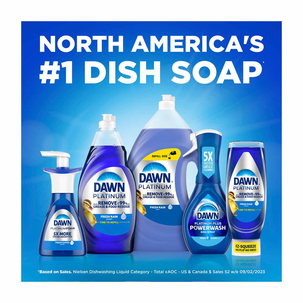 Dawn Platinum Dishwashing Liquid Refill Size, Fresh Rain Scent, 54.8 fl oz