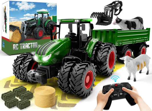 Uarzt Remote Control Tractor Toy, Kids RC Tractor Set & Truck and Trailer Front Loader - Metal Car Head/8 Wheel/Light, Toddlers Farm Vehicle Toys for 3 4 5 6 7 8 9 Year Old Boys Girls Birthday Gift