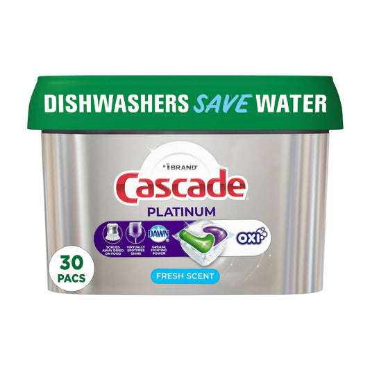 Cascade Platinum + Oxi ActionPacs Dishwasher Detergent, Fresh Scent, 30 ct