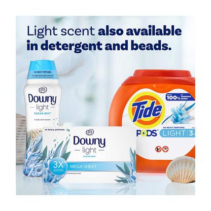 Downy Light Mega Dryer Sheets, Fabric Softener Dryer Sheets, Ocean Mist, 50 Count