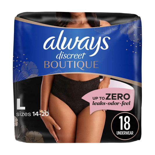 Always Discreet Boutique Incontinence and Postpartum Underwear for Women, Maximum Protection, L, Black, 18 Count