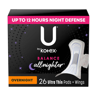U by Kotex Balance Ultra Thin Overnight Pads with Wings, 26 ct