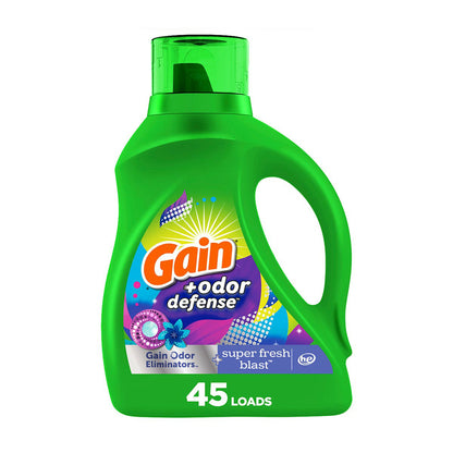 Gain Odor Defense Liquid Laundry Detergent, Super Fresh Blast Scent, 65 fl oz, 45 loads, 2 in 1, Laundry Detergent Liquid Soap, HE compatible