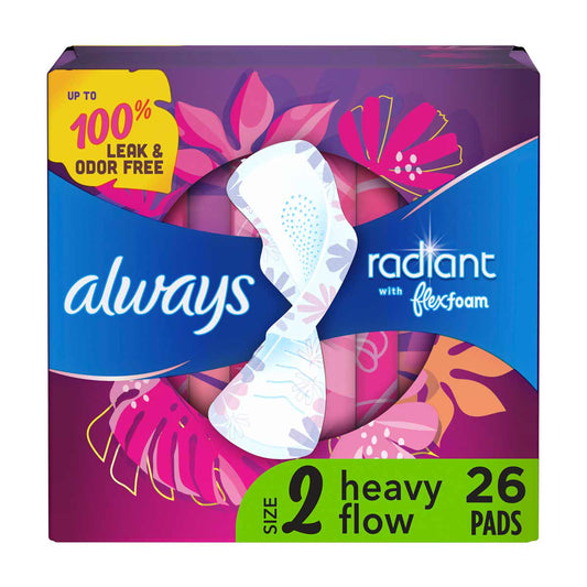 Always Radiant with FlexFoam Pads with Wings, Size 2 Heavy Flow, 26 ct