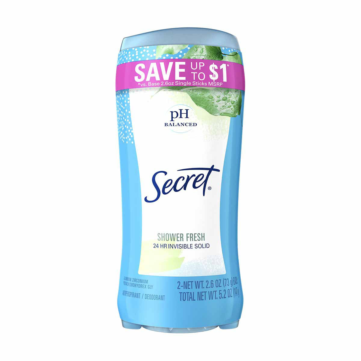 Secret Invisible Solid Antiperspirant and Deodorant, Shower Fresh, 2.6 oz each, 2 ct