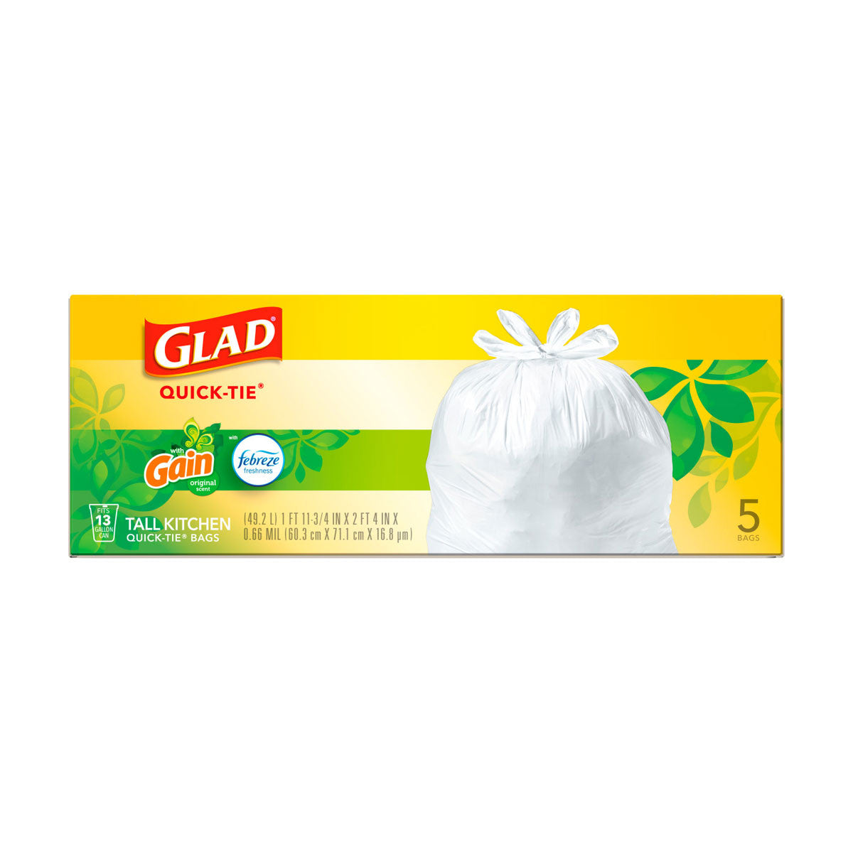 Glad Quick-Tie Tall Kitchen Trash Bags, Gain Original Scent, 13 Gallon, 5 ct