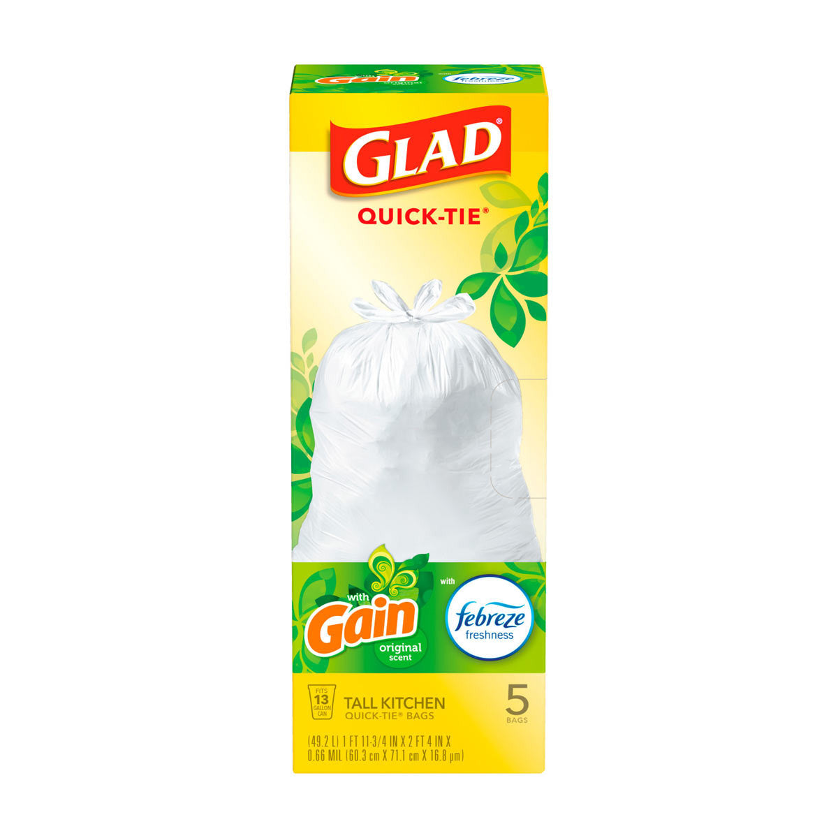 Glad Quick-Tie Tall Kitchen Trash Bags, Gain Original Scent, 13 Gallon, 5 ct