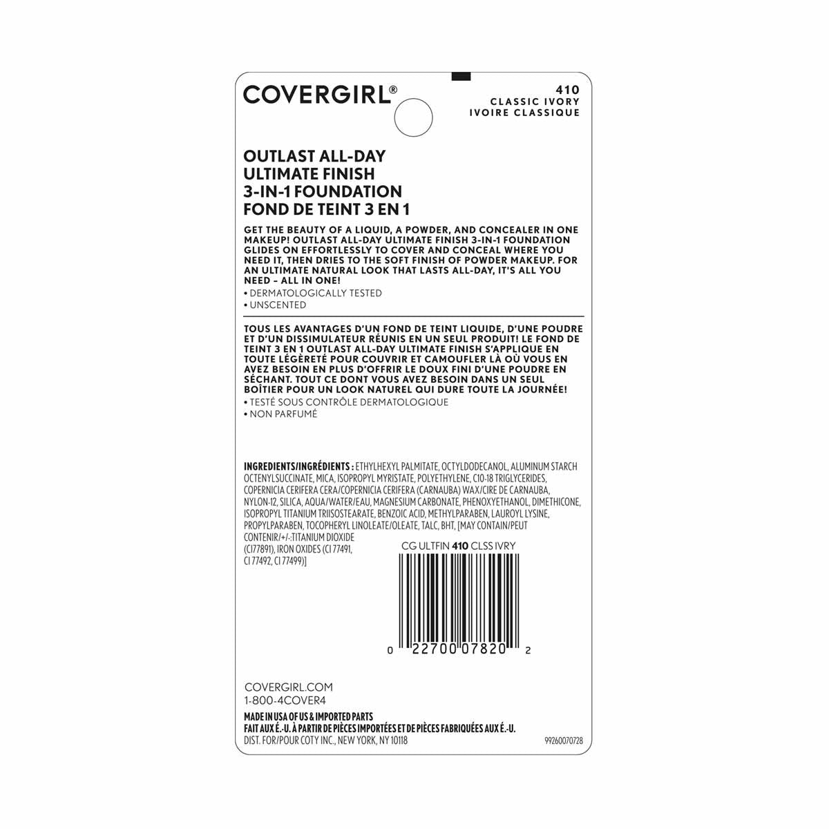 CoverGirl Outlast All-Day Ultimate Finish 3-in-1 Foundation, 410 Classic Ivory, 0.4 oz