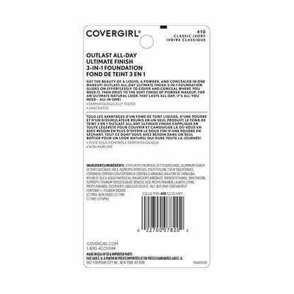 CoverGirl Outlast All-Day Ultimate Finish 3-in-1 Foundation, 410 Classic Ivory, 0.4 oz