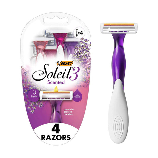 BIC Soleil Smooth Scent Women’s Disposable Razor, 3 Blades with a Moisture Strip For a Silky Shave, Assorted, 4 Piece Razor Set
