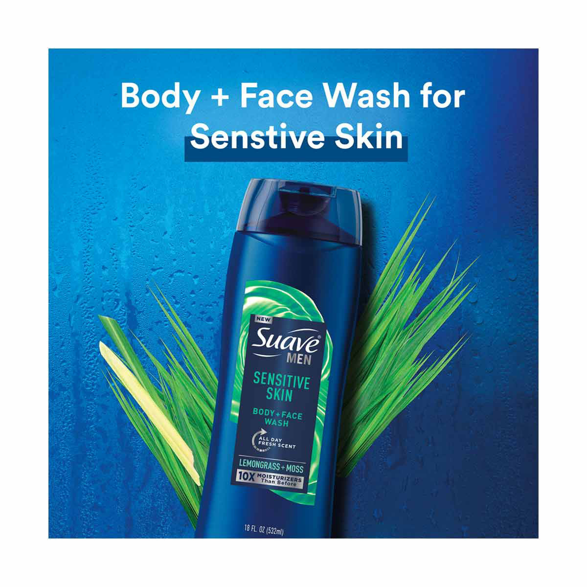 Suave Men Sensitive Skin Body + Face Wash - Lemongrass & Moss, 18 fl oz