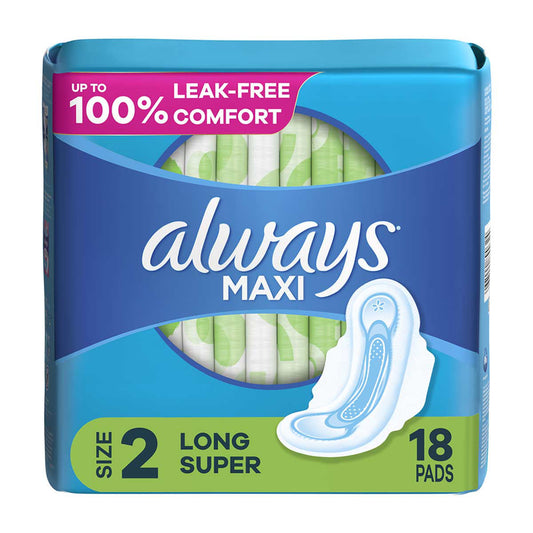 Always Maxi Pads with Wings, Size 2 Long Super, 18 ct