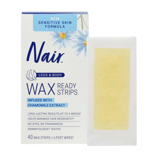 Nair Sensitive Hair Remover Wax Ready Strips, Legs and Body Hair Removal Wax Strips, 40 Count