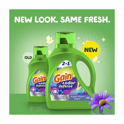 Gain Odor Defense Liquid Laundry Detergent, Super Fresh Blast Scent, 65 fl oz, 45 loads, 2 in 1, Laundry Detergent Liquid Soap, HE compatible