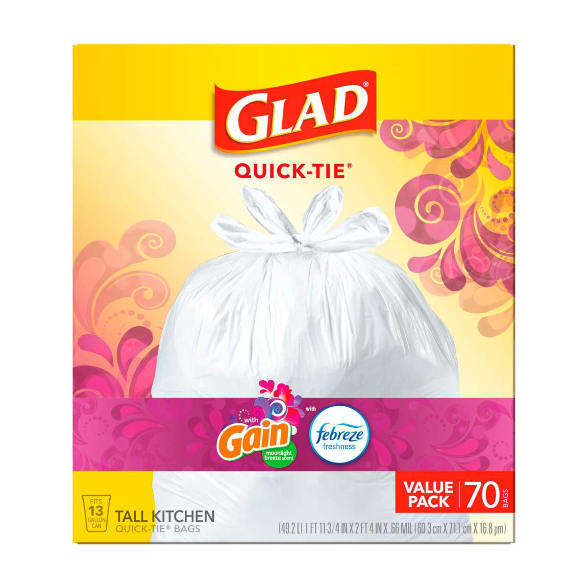 Glad 13 Gallon Tall Kitchen Quick-Tie Trash Bags - Gain Moonlight Breeze with Febreze, 70 ct