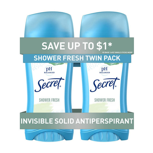 Secret Invisible Solid Antiperspirant and Deodorant, Shower Fresh, 2.6 oz each, 2 ct