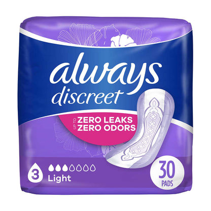 Always Discreet Adult Incontinence Pads for Women, Light Absorbency, Regular Length, Postpartum Pads, 30 CT
