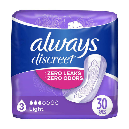 Always Discreet Adult Incontinence Pads for Women, Light Absorbency, Regular Length, Postpartum Pads, 30 CT