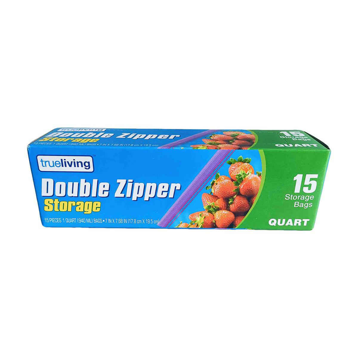 TrueLiving Double Zipper Storage Bags, Quart Size, 15 ct