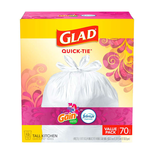 Glad 13 Gallon Tall Kitchen Quick-Tie Trash Bags - Gain Moonlight Breeze with Febreze, 70 ct