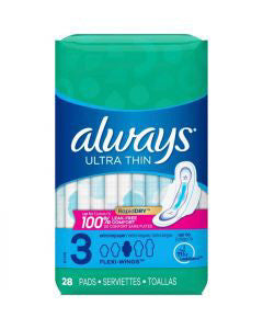 Always Ultra Thin Pads Size 3 Extra Super Long Absorbency Unscented with Wings, 28 Count