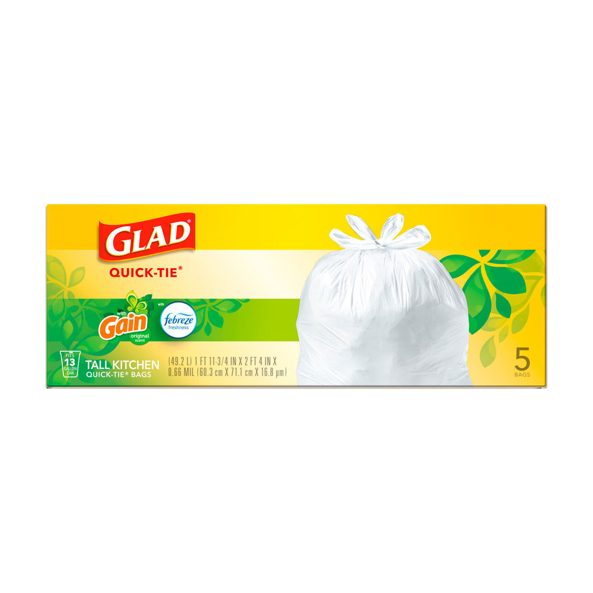 Glad Quick-Tie Tall Kitchen Trash Bags, Gain Original Scent, 13 Gallon, 5 ct