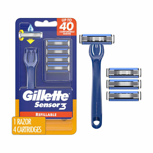 Gillette Sensor3 Refillable Razor for Men, Includes 1 Shaving Razor Handle and 4 Razor Blade Refills