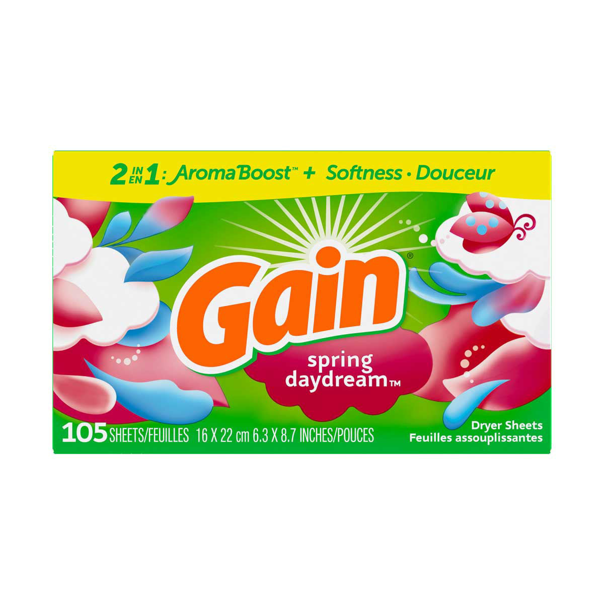 Gain dryer sheets, 105 Count, Original Scent Laundry Fabric Softener Sheets with 2-in-1 Aromaboost Plus Softness
