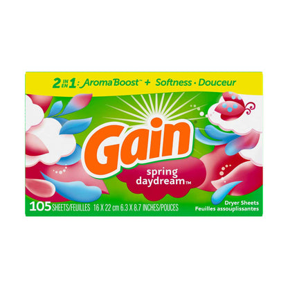 Gain dryer sheets, 105 Count, Original Scent Laundry Fabric Softener Sheets with 2-in-1 Aromaboost Plus Softness