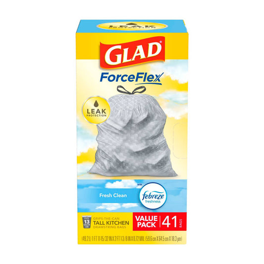 Glad ForceFlex 13 Gallon Tall Kitchen Drawstring Trash Bags - Fresh Clean Scent with Febreze, 41 ct