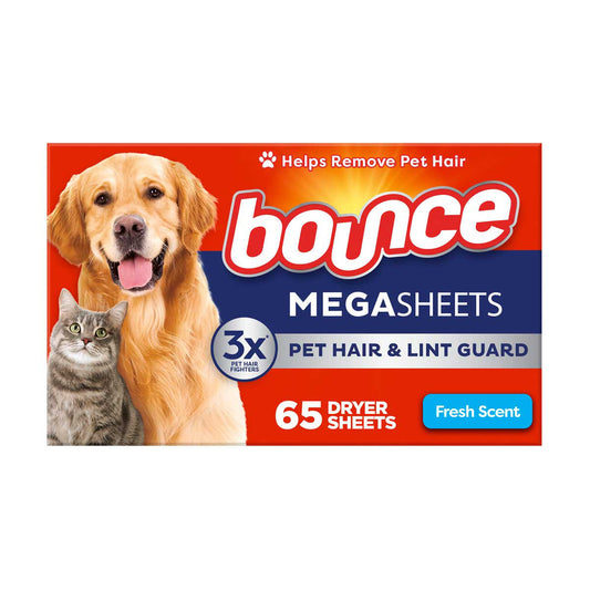 Bounce Pet Hair and Lint Guard Mega Dryer Sheets with 3X Pet Hair Fighters, Fresh Scent, 130 Count, Bounce Dryer Sheets, Pet Hair Remover for Laundry