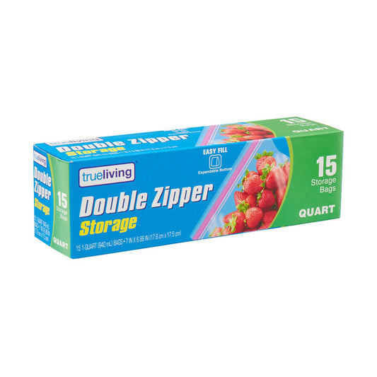 TrueLiving Double Zipper Storage Bags, Quart Size, 15 ct