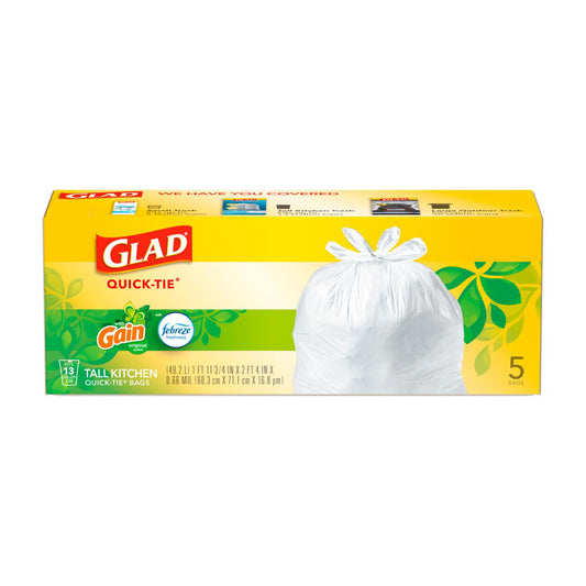 Glad Quick-Tie Tall Kitchen Trash Bags, Gain Original Scent, 13 Gallon, 5 ct