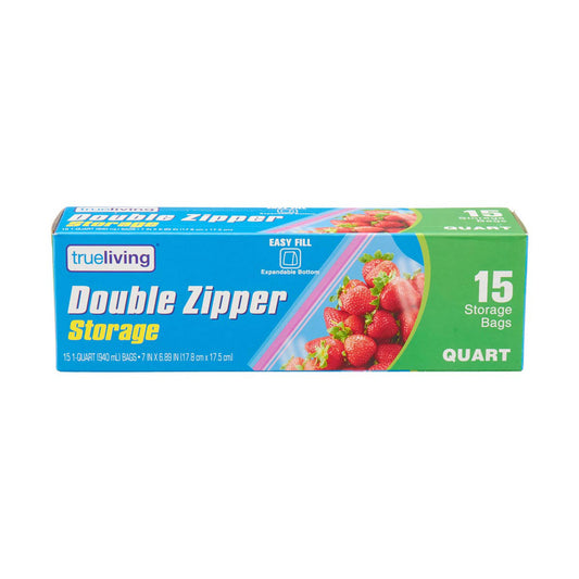 TrueLiving Double Zipper Storage Bags, Quart Size, 15 ct