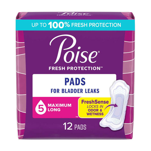 Poise Incontinence Pads & Postpartum Incontinence Pads, 5 Drop Maximum Absorbency, Long Length, 12 Count