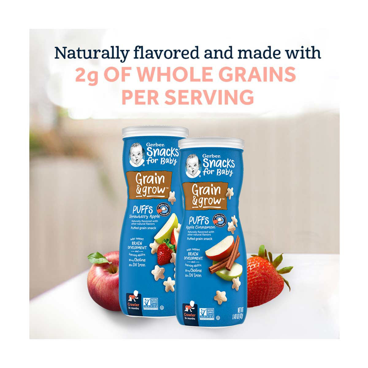 Gerber Snacks for Baby Grain & Grow Puffs, Strawberry Apple, 1.48 oz Canister, 1 ct