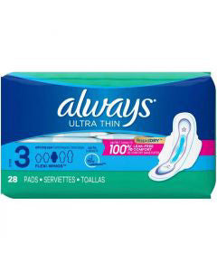 Always Ultra Thin Pads Size 3 Extra Super Long Absorbency Unscented with Wings, 28 Count