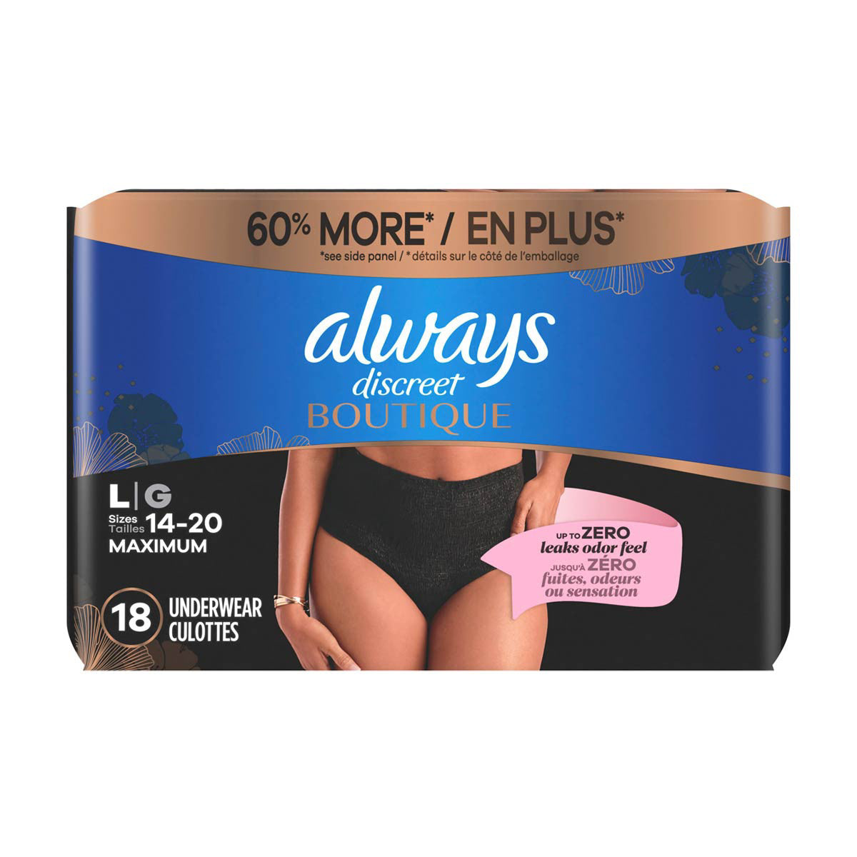 Always Discreet Boutique Incontinence and Postpartum Underwear for Women, Maximum Protection, L, Black, 18 Count