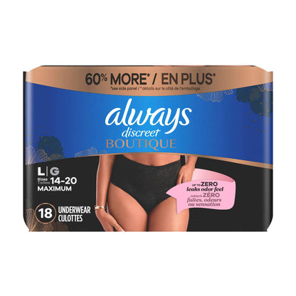 Always Discreet Boutique Incontinence and Postpartum Underwear for Women, Maximum Protection, L, Black, 18 Count