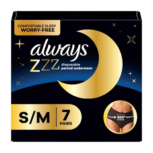 Always ZZZ Overnight Disposable Period Underwear for Women Sz S-M, 360° Coverage for Worry-Free Nights, 7 Count
