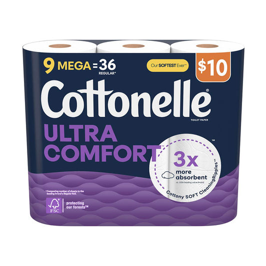 Cottonelle Ultra Comfort Toilet Paper, Strong Toilet Tissue, 9 Mega Rolls (9 Mega Rolls = 36 Regular Rolls), 244 Sheets Per Roll