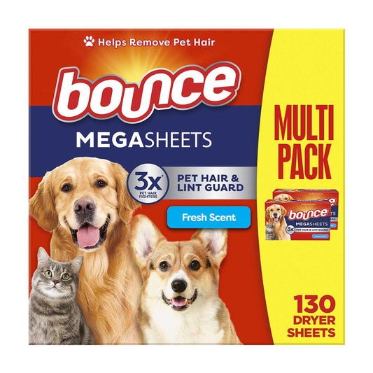 Bounce Pet Hair and Lint Guard Mega Dryer Sheets with 3X Pet Hair Fighters, Fresh Scent, 130 Count, Bounce Dryer Sheets, Pet Hair Remover for Laundry